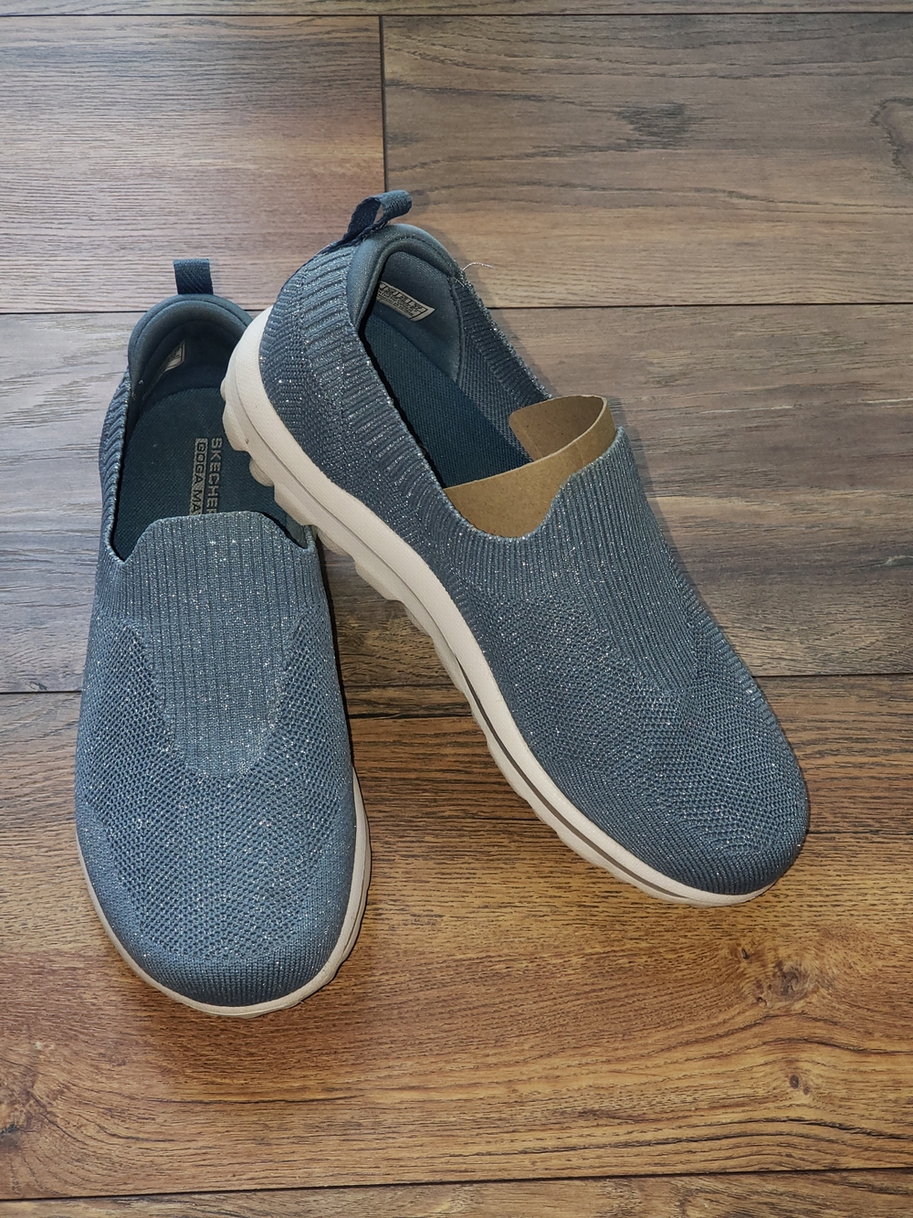 Skechers Womens Slip-On Knit Sneakers in Denim Blue with White Sole